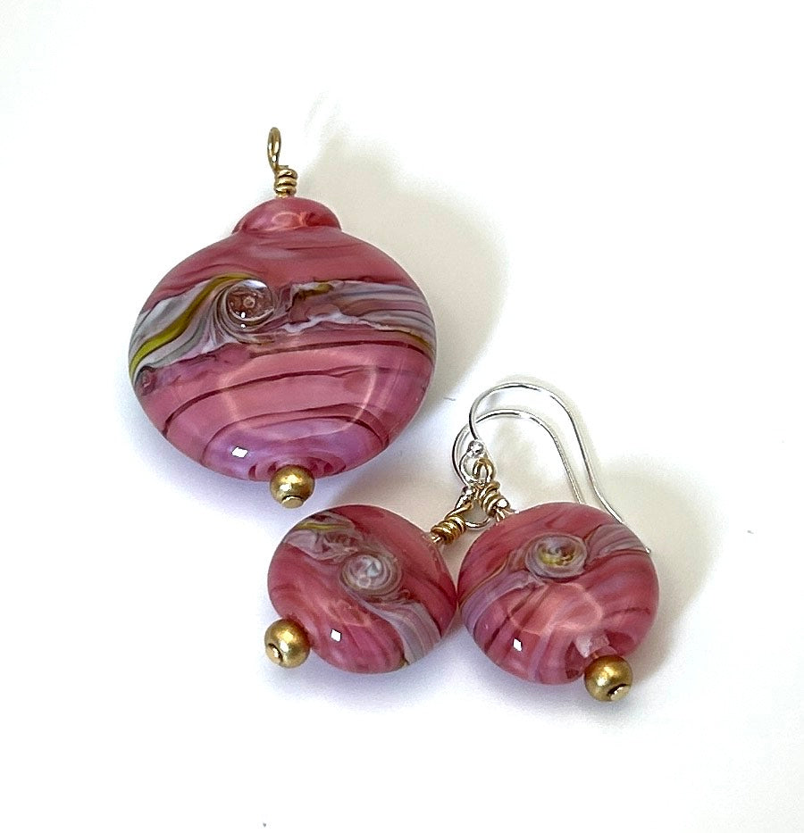 Pearl Pink Celestial Belt Pendant and Earring Set